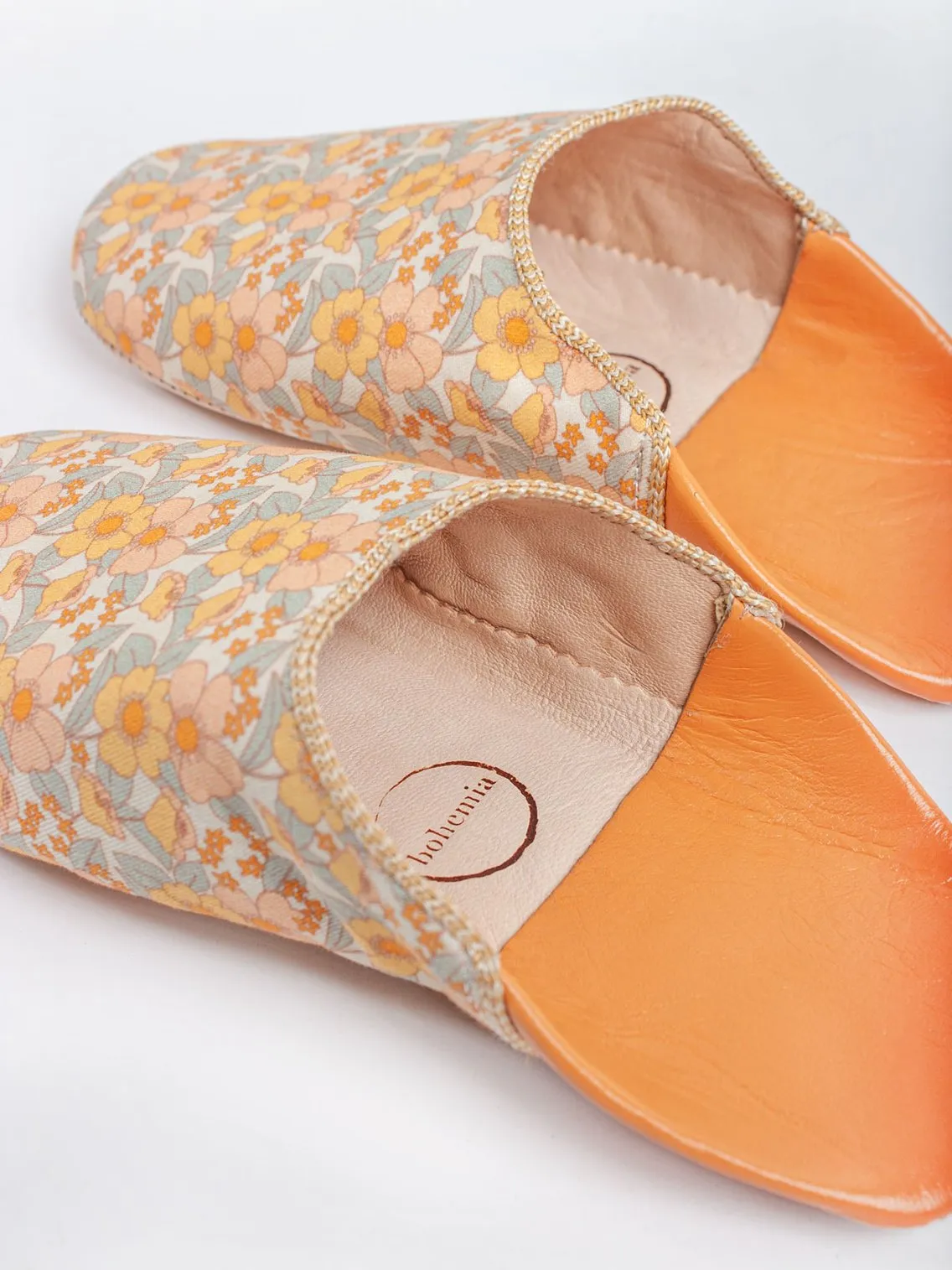 Bohemia Floral Fabric Babouche Slippers, Honey Floral