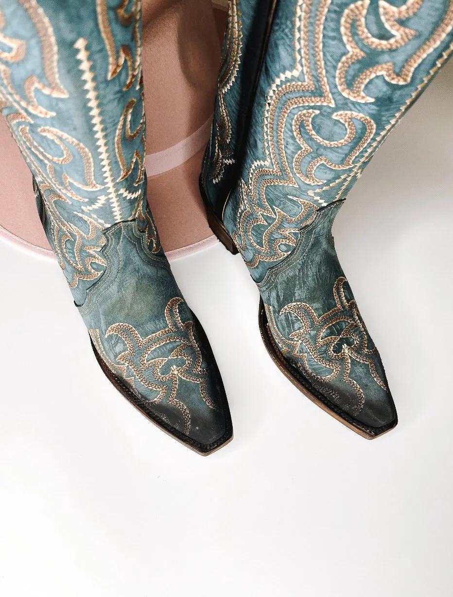 Corral Blue Jean Embroidery Triad Snip Toe Boot