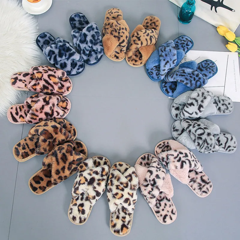 Cross-strap Fuzzy Slippers Leopard Plush House Shoes Flat Bedroom Slippers Slippers For Women