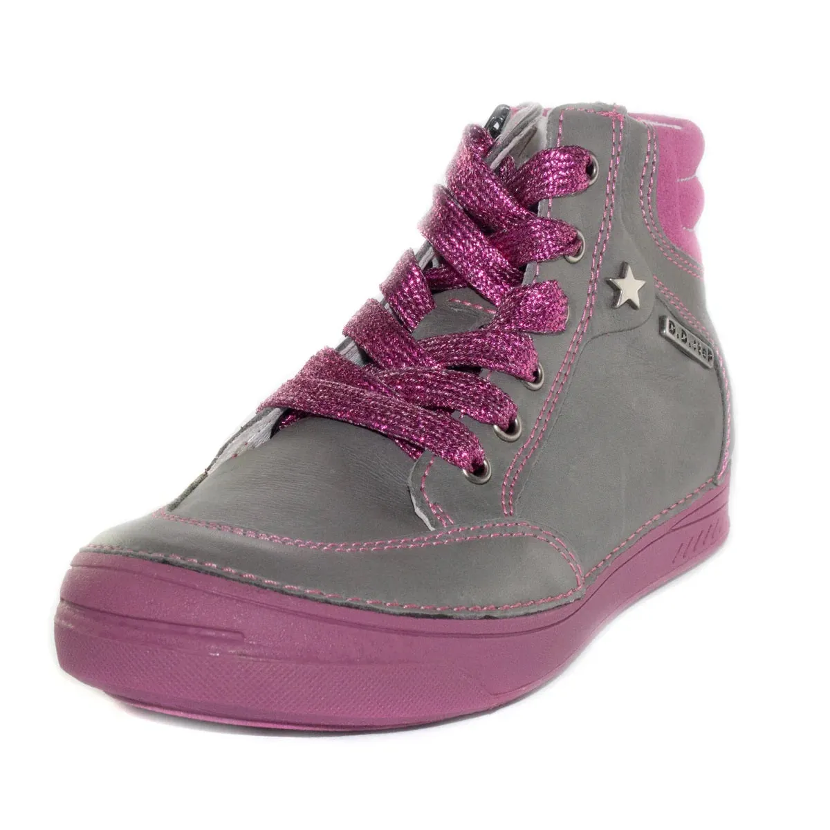 D.D. Step Big Kid Girl High-Top Shoes Grey With Pink - Supportive Leather From Europe Kids Orthopedic