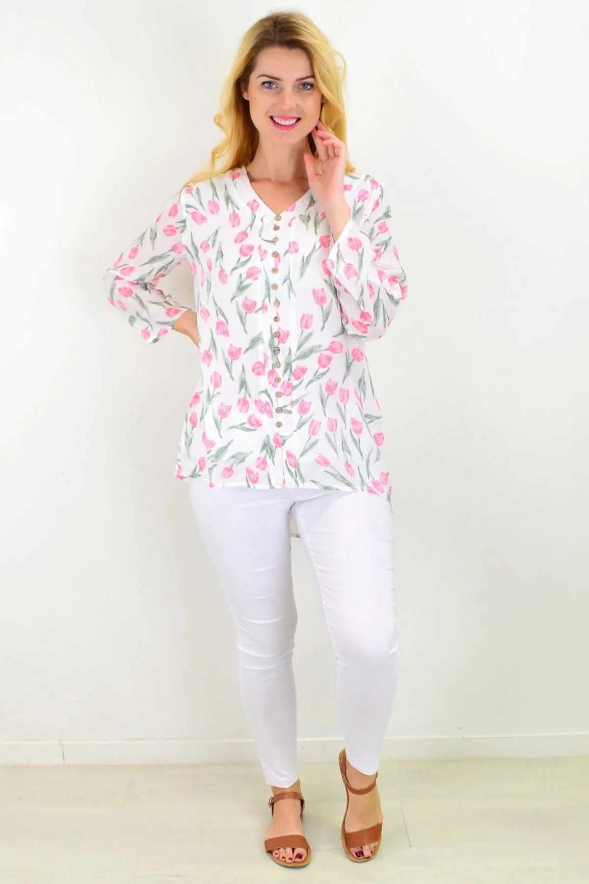 Floating Tulip Button Up Sleeve Tunic Blouse