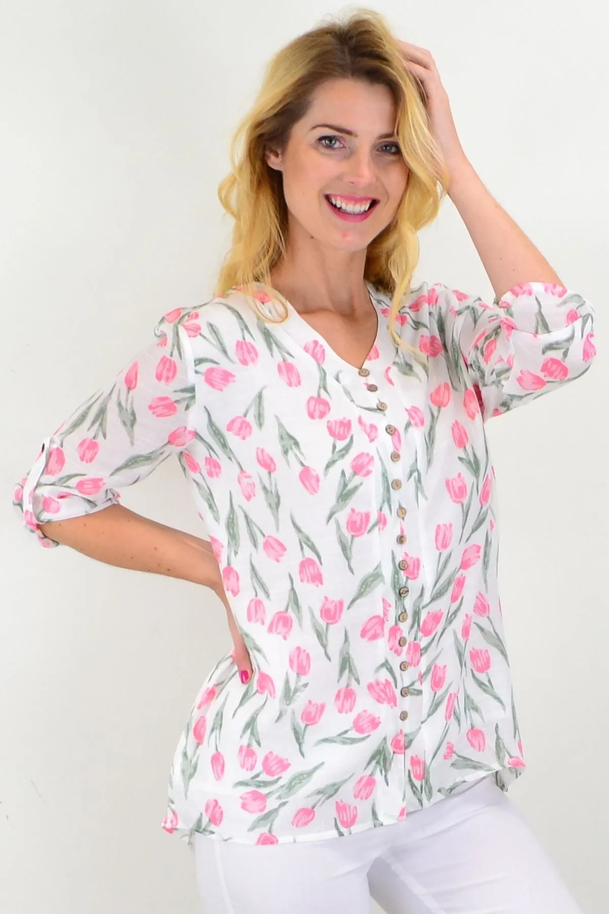 Floating Tulip Button Up Sleeve Tunic Blouse