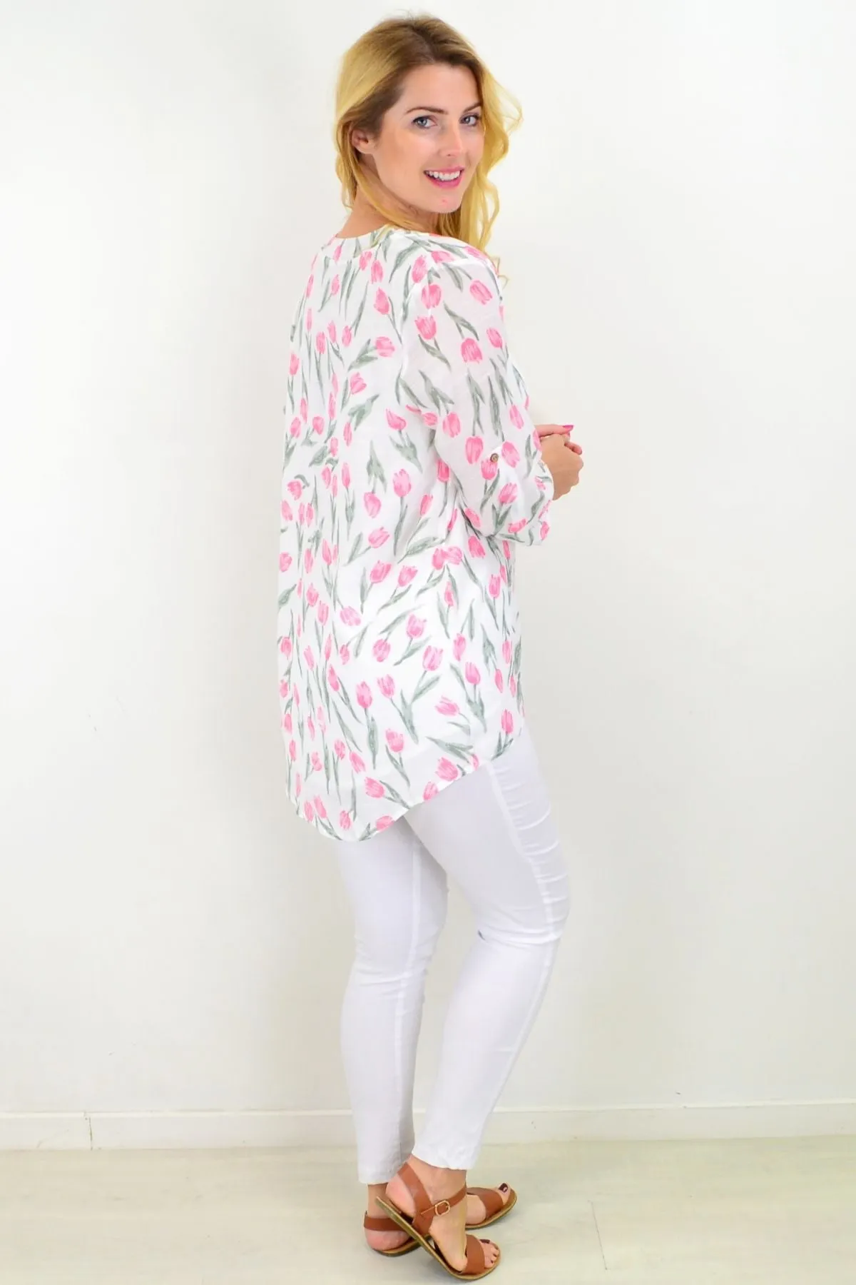 Floating Tulip Button Up Sleeve Tunic Blouse