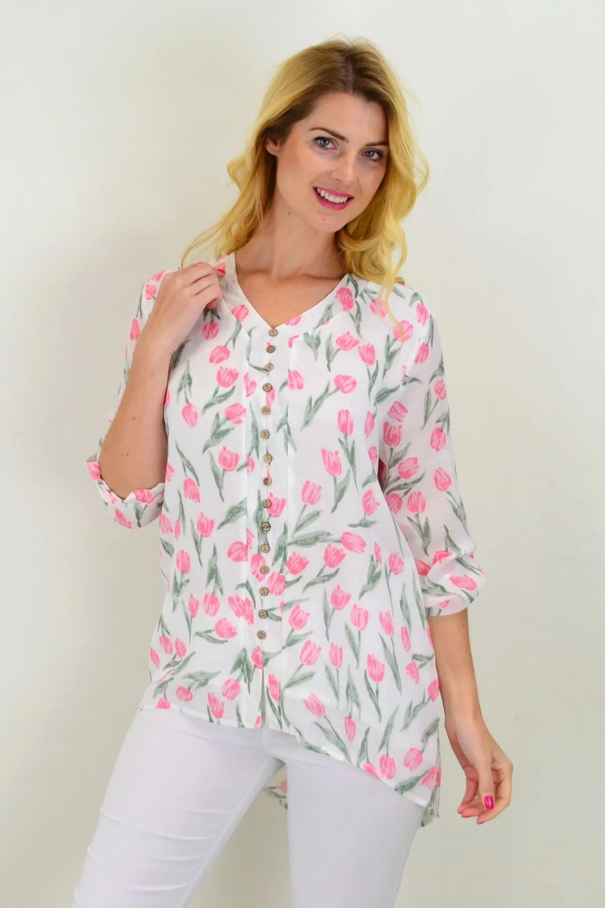 Floating Tulip Button Up Sleeve Tunic Blouse