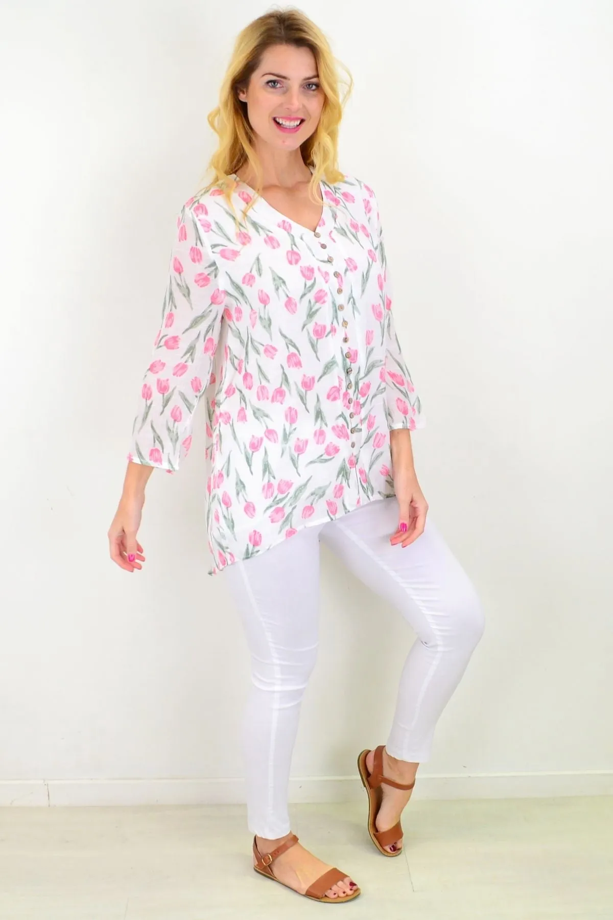 Floating Tulip Button Up Sleeve Tunic Blouse