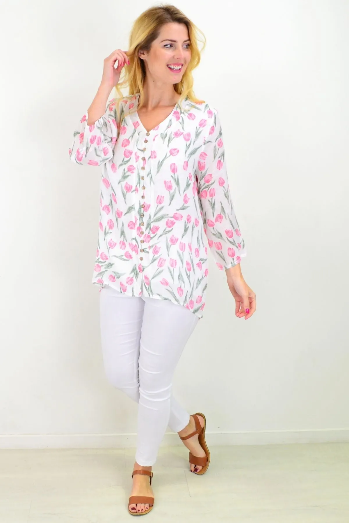 Floating Tulip Button Up Sleeve Tunic Blouse