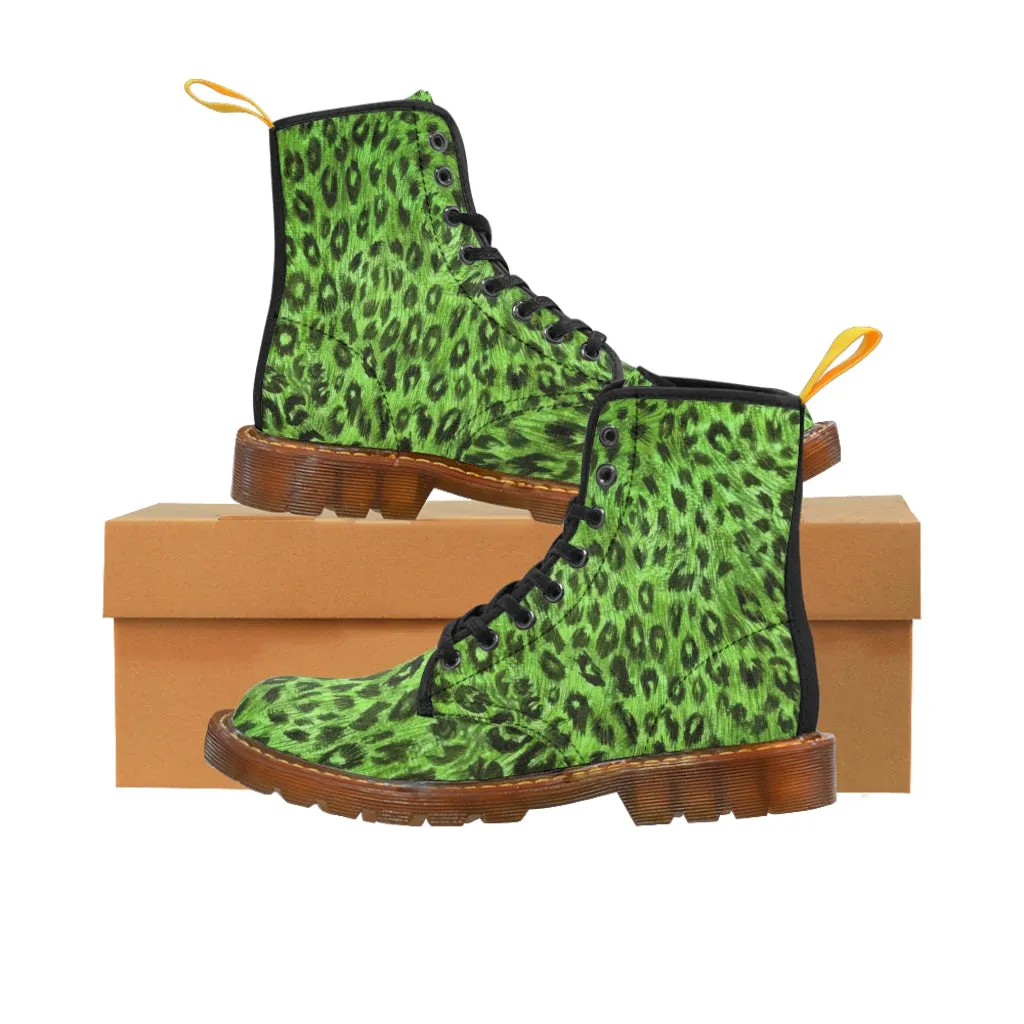 Green Leopard Print Women's Boots, Animal Print Designer Premium Ladies' Hiking Combat Boots