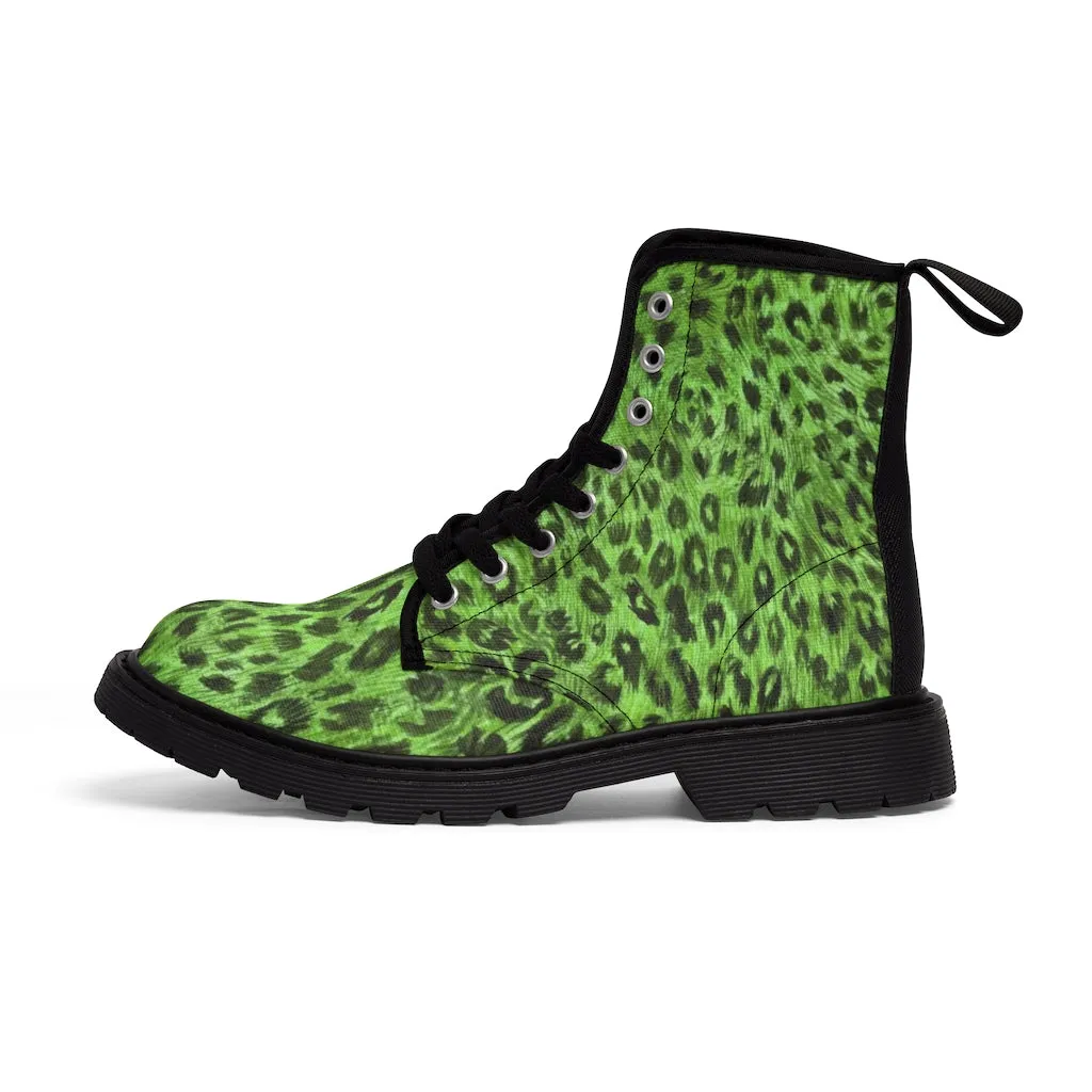 Green Leopard Print Women's Boots, Animal Print Designer Premium Ladies' Hiking Combat Boots