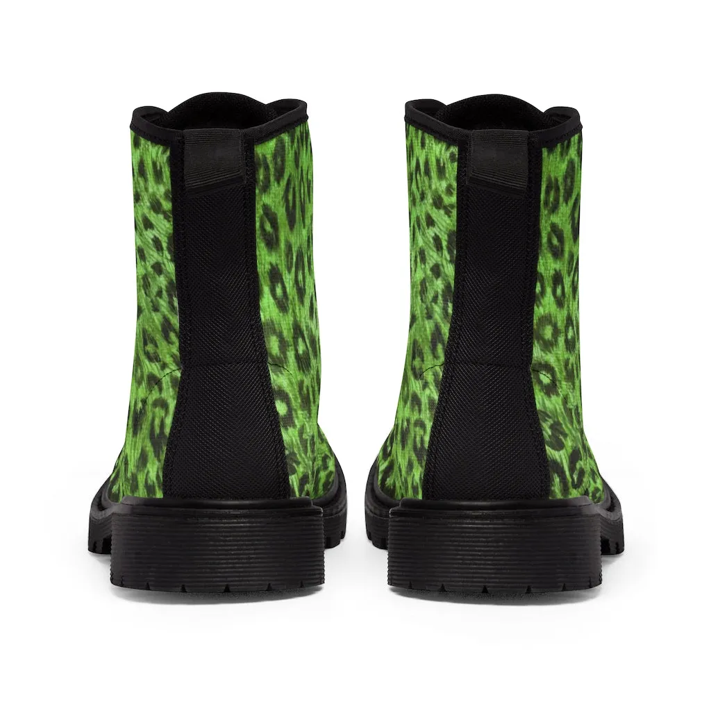 Green Leopard Print Women's Boots, Animal Print Designer Premium Ladies' Hiking Combat Boots