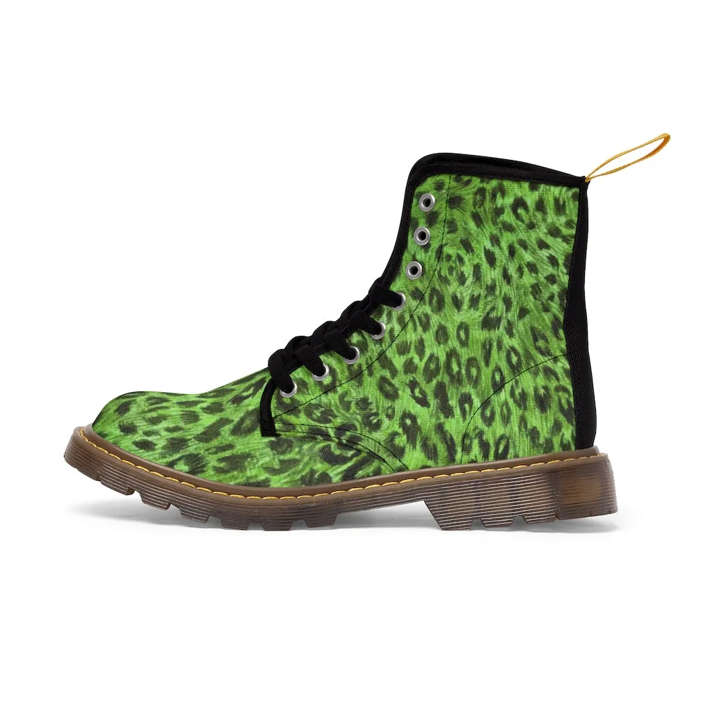 Green Leopard Print Women's Boots, Animal Print Designer Premium Ladies' Hiking Combat Boots