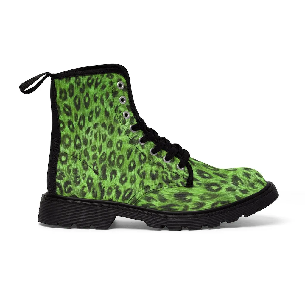 Green Leopard Print Women's Boots, Animal Print Designer Premium Ladies' Hiking Combat Boots