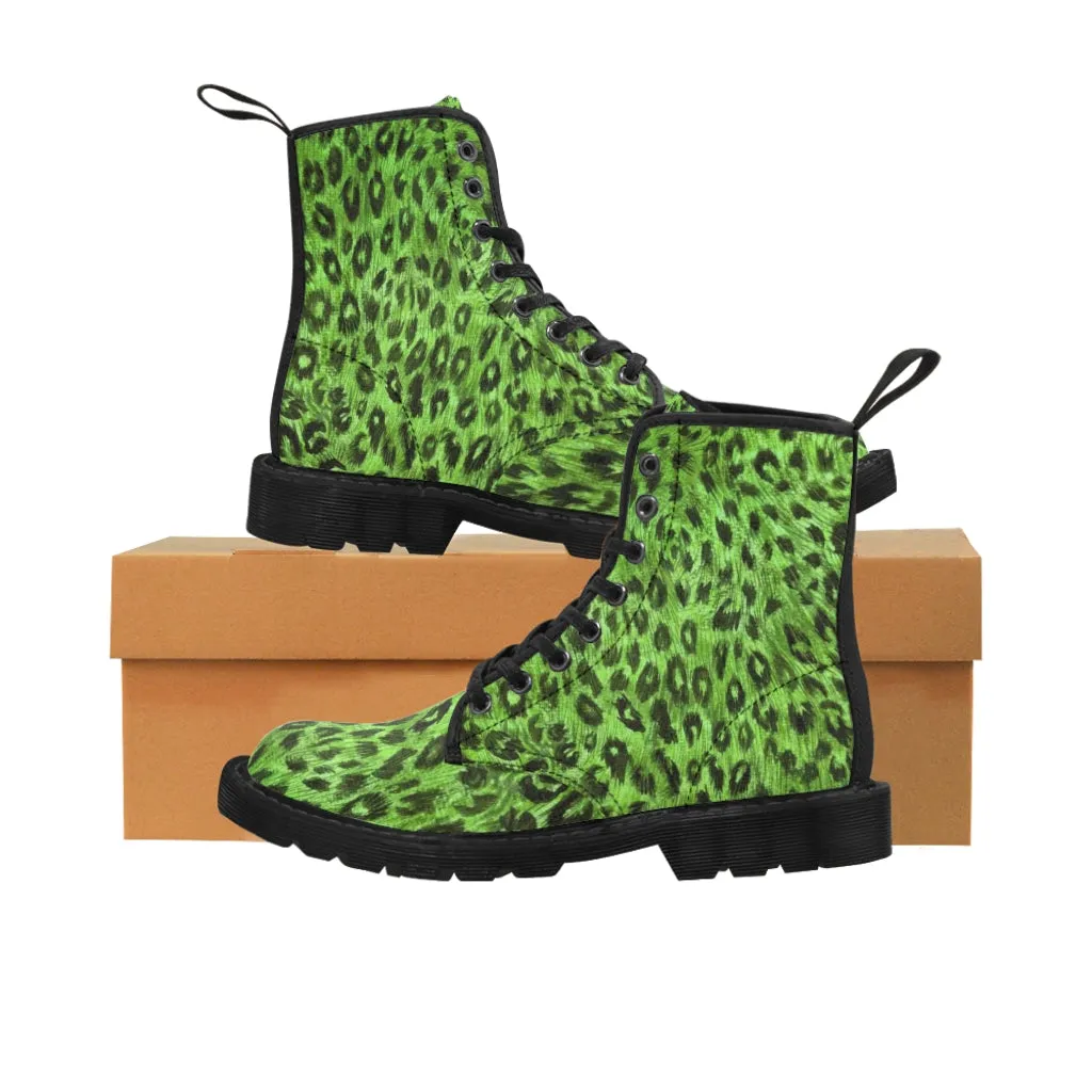 Green Leopard Print Women's Boots, Animal Print Designer Premium Ladies' Hiking Combat Boots