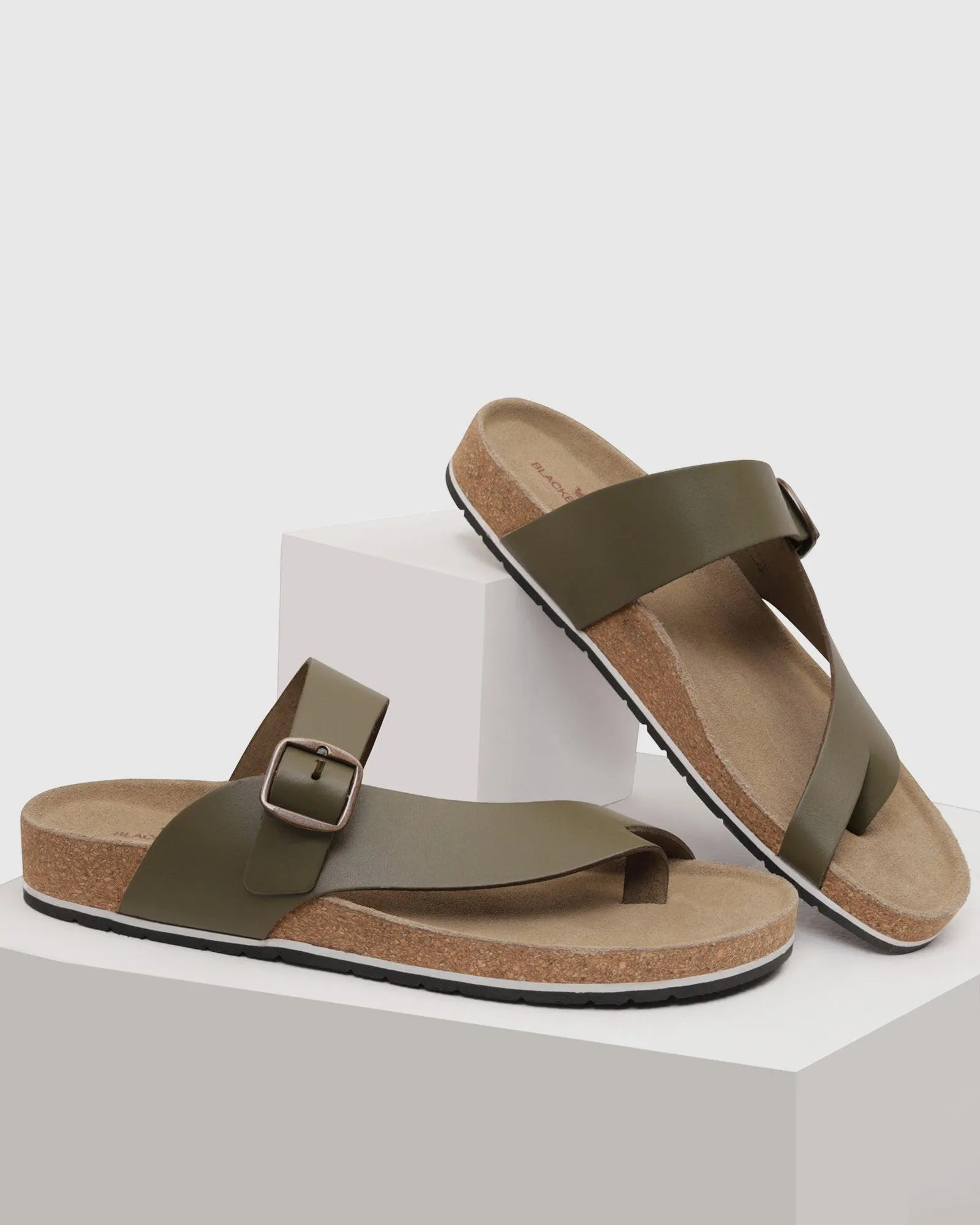 Leather Bottle Green Solid Sandals - Shophie