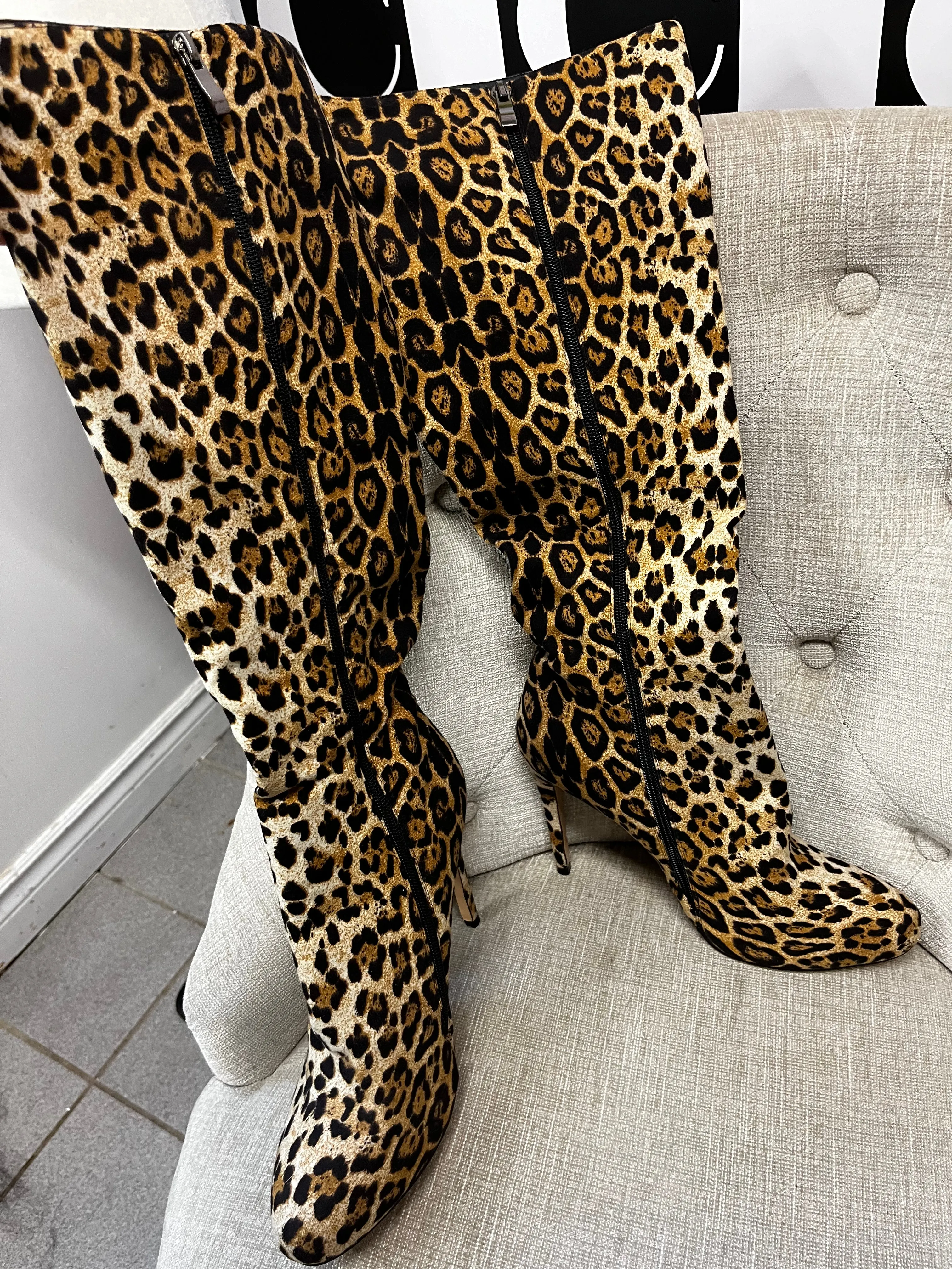 Leopard Print Stiletto Boots (Size 11)