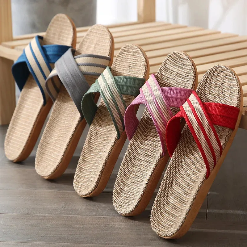 Men Slippers Linen Home Indoor Open Toe Flat Shoe Beach Slippers Striped Spliced Rubber Sandals - MSL50256