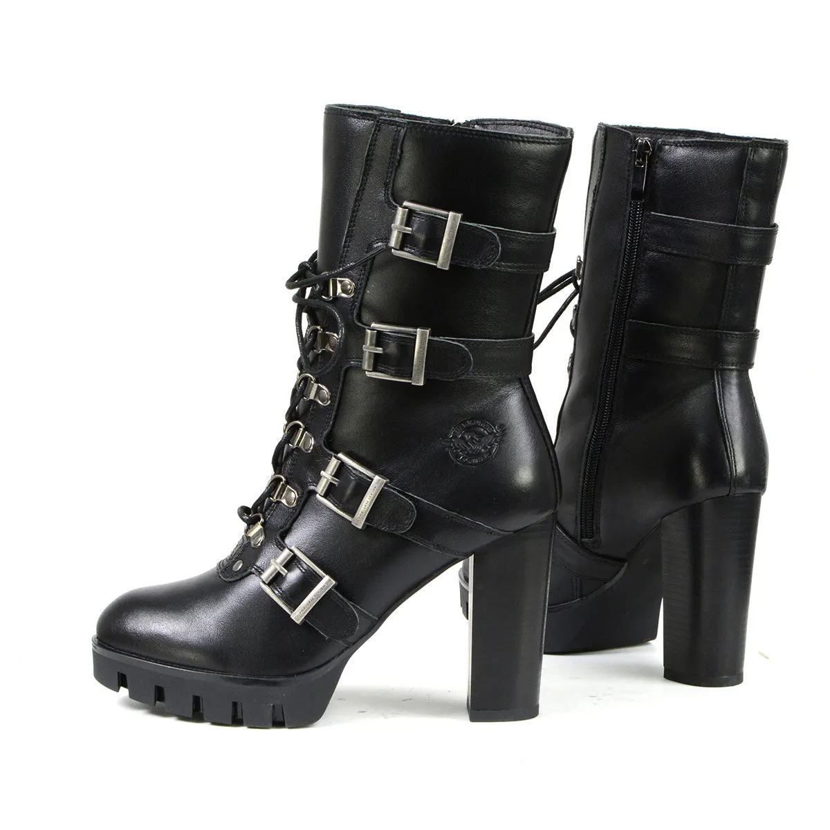 Milwaukee Leather MBL9459 Women's Premium Black Leather Buckles Platform Fashion Boots with Lace-Up Closure