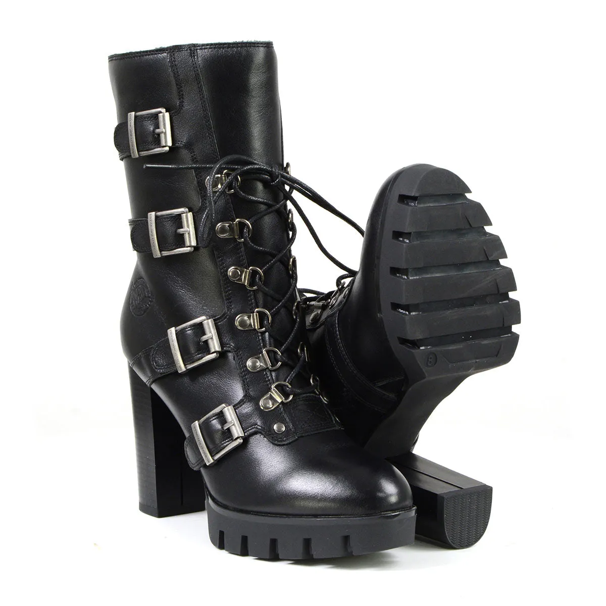 Milwaukee Leather MBL9459 Women's Premium Black Leather Buckles Platform Fashion Boots with Lace-Up Closure