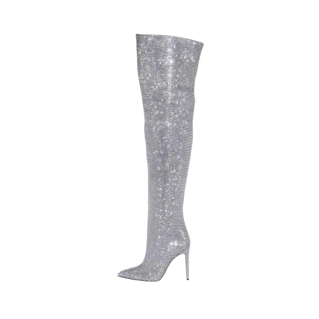 Pre Order:  Rhinestone Pleated Thigh High Boots