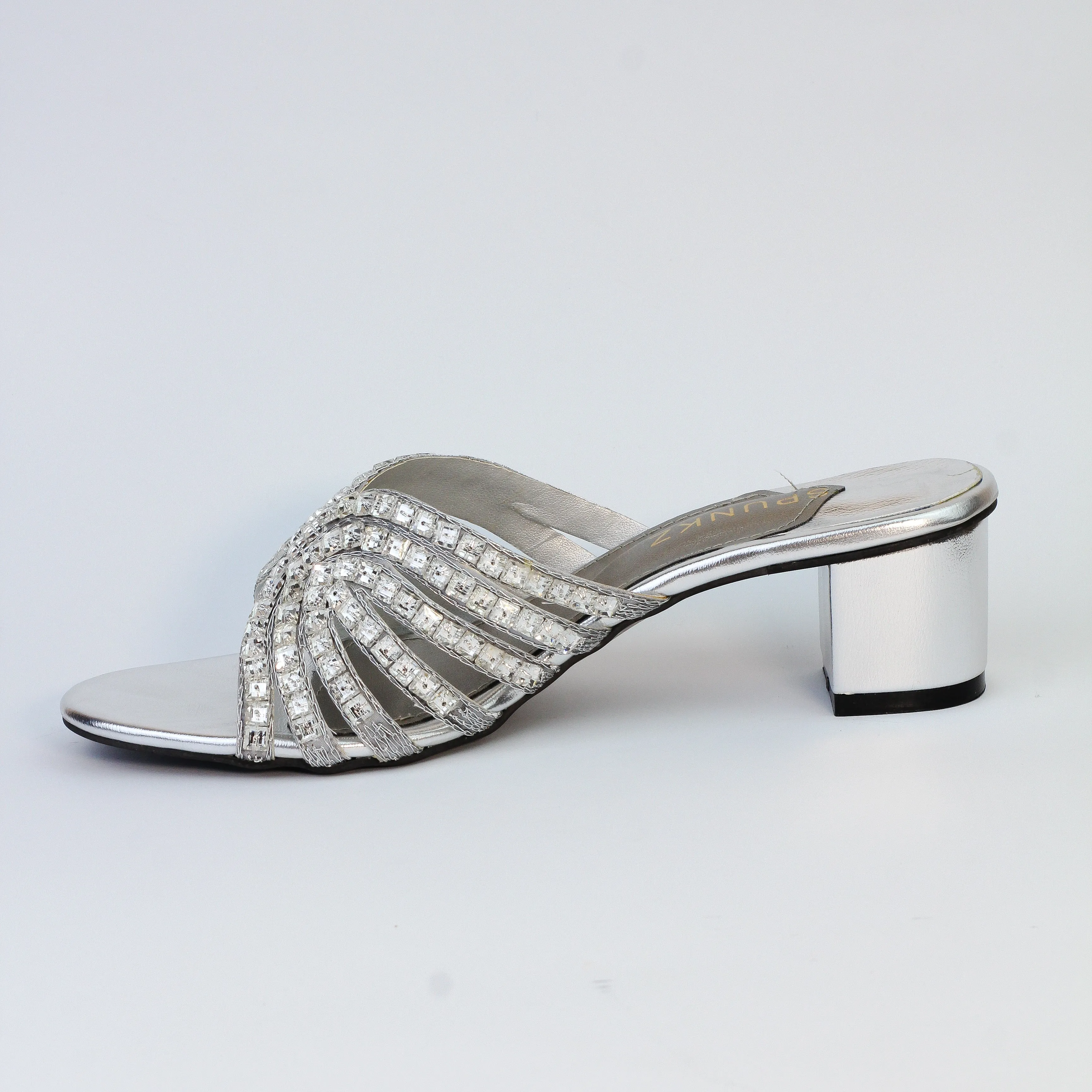 Stacy Silver Stone Rhinestone Embellishment Block Heel