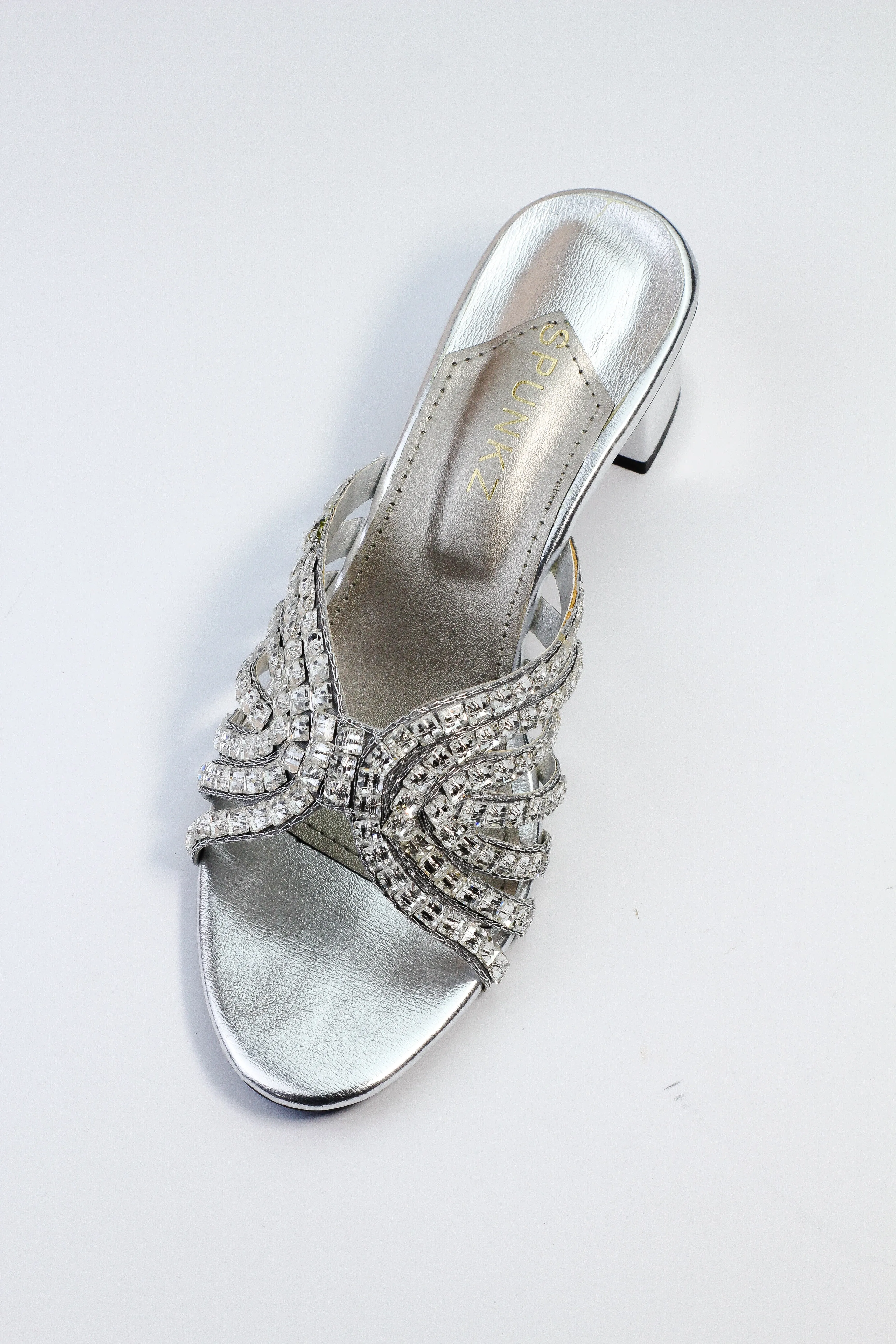 Stacy Silver Stone Rhinestone Embellishment Block Heel