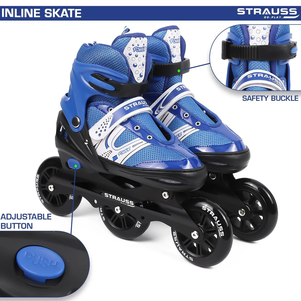 STRAUSS Blaze Adjustable Size Inline Skates | Skating Shoes for Boys & Girls | 3 Wheels |Beginner-Friendly Skating Shoe | Adjustable Roller Blades | Enhanced Stability and Support| Size M,(Blue)