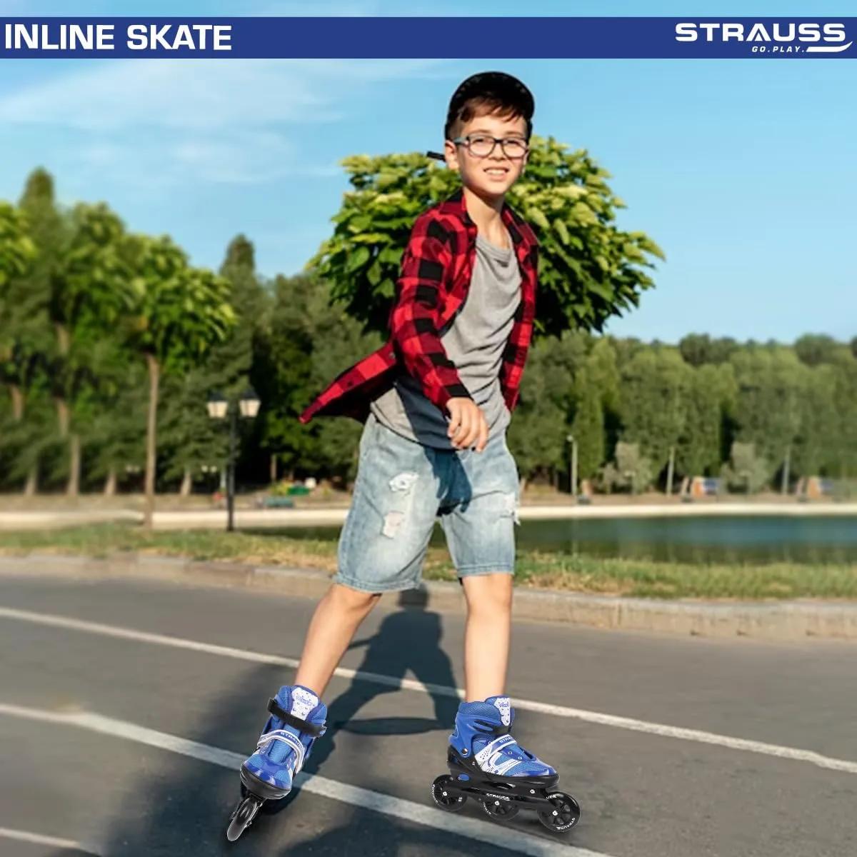 STRAUSS Blaze Adjustable Size Inline Skates | Skating Shoes for Boys & Girls | 3 Wheels |Beginner-Friendly Skating Shoe | Adjustable Roller Blades | Enhanced Stability and Support| Size M,(Blue)