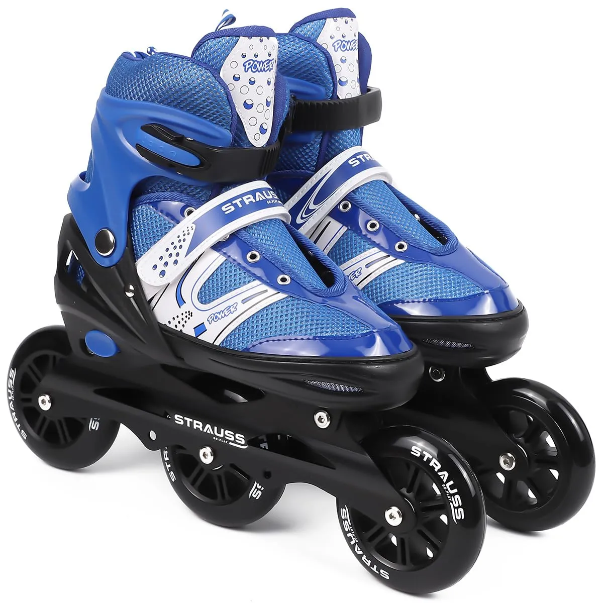 STRAUSS Blaze Adjustable Size Inline Skates | Skating Shoes for Boys & Girls | 3 Wheels |Beginner-Friendly Skating Shoe | Adjustable Roller Blades | Enhanced Stability and Support| Size M,(Blue)