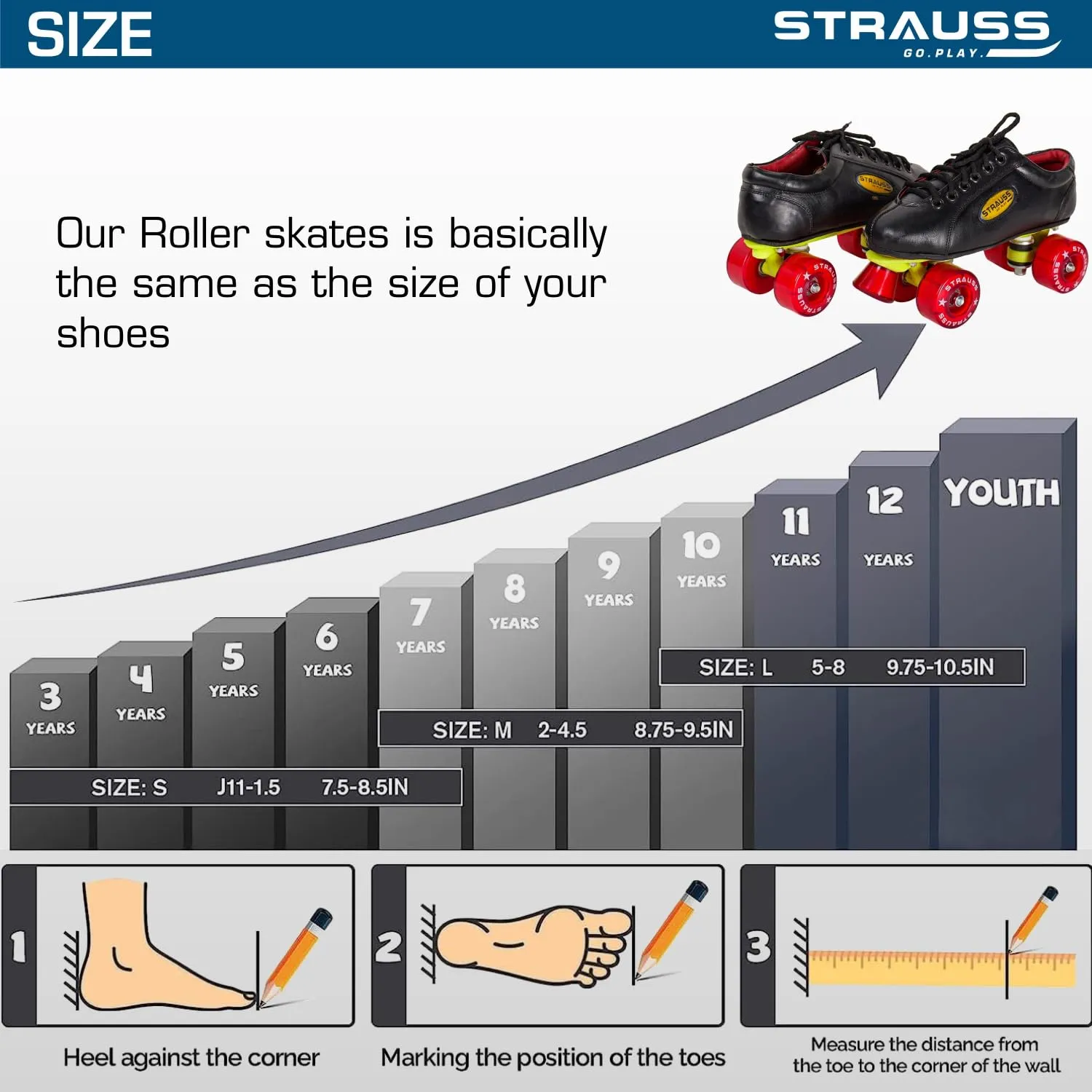 STRAUSS Gripper Skating Shoes | Fixed Body Roller Skates | Shoe Skate with PVC Wheel |Ideal for Boys, Girls and Kids |Suitable for All Skill Level | Ideal for Kids (10-11 Years),Size-3, (Red/Black)