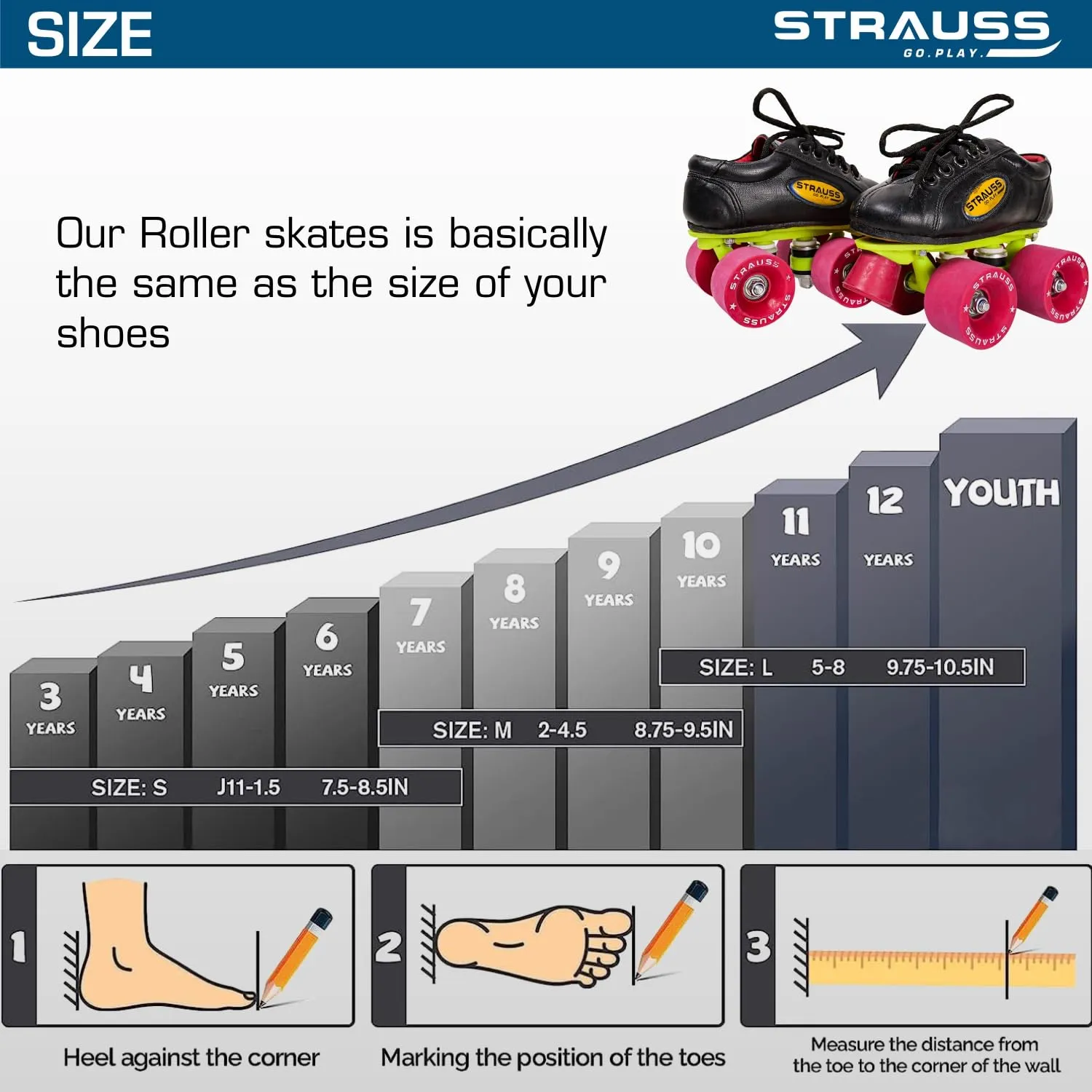 STRAUSS Gripper Skating Shoes | Fixed Body Roller Skates | Shoe Skate with Rubber Wheel |Ideal for Boys, Girls and Kids |Suitable for All Skill Level | Ideal for Kids (6-7 Years),Size-12, (Red/Black)