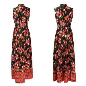 Vintage Early 1970's Emilio Borghese Maxi Sleeveless Hostess Dress with All-Over Tulips