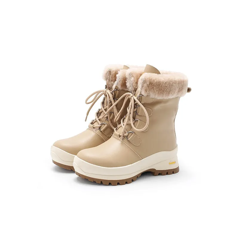 Women Leather Chunky Boots With Shearling Lined in Apricot/Beige